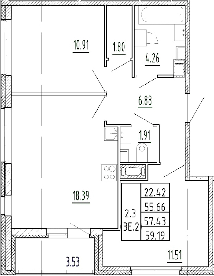 2-комнатная квартира 55.66 м², 2/13 эт., ЖК «Полис Приморский 2»